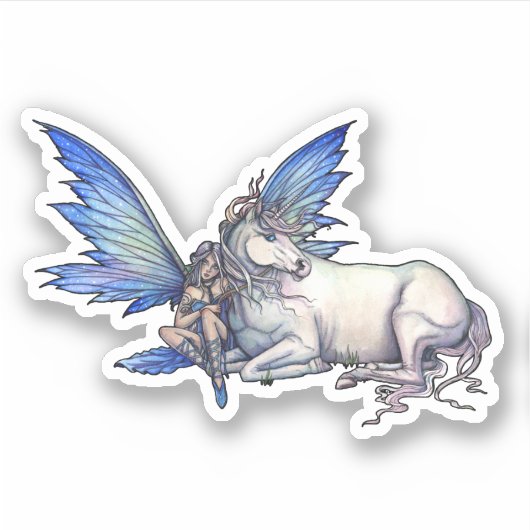 ユニコーンと妖精のファンタジーアート シール (正面)