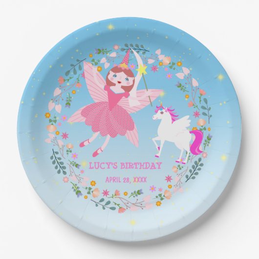 ユニコーンと妖精魔法誕生日パーティー ペーパープレート (正面)