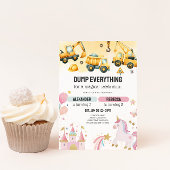 ユニコーンと建設車両の兄弟姉妹の誕生日お祝い 招待状