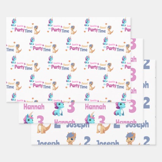 ユニコーンと恐竜の共同キッズパーティーカスタム ラッピングペーパーシート (セット)