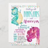 ユニコーンと恐竜の共同誕生日招待状 招待状 (正面/裏面)