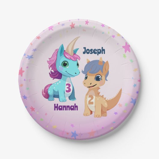 ユニコーンと恐竜の子供のパーティープレート ペーパープレート (正面)
