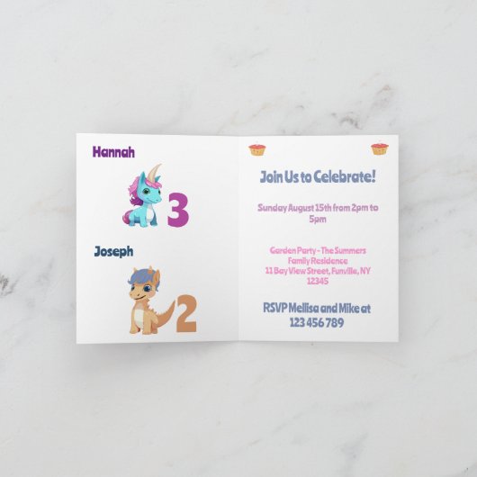 ユニコーンと恐竜の子供の共同誕生日パーティー 招待状 (内部)