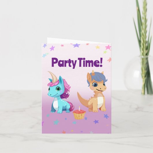 ユニコーンと恐竜の子供の共同誕生日パーティー 招待状 (裏面)