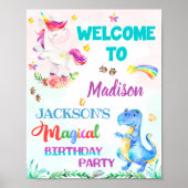 ユニコーンと恐竜の歓迎パーティー標識魔法標識 ポスター (正面)