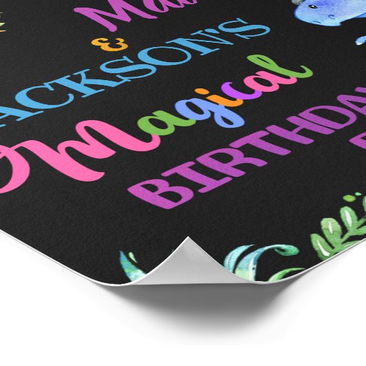 ユニコーンと恐竜の歓迎パーティー標識魔法標識 ポスター (角)