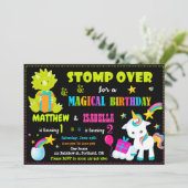 ユニコーンと恐竜の誕生日の招待ツインズ 招待状 (スタンド正面)