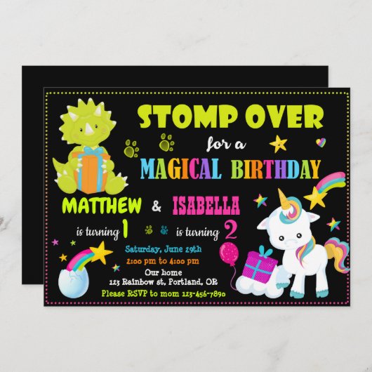 ユニコーンと恐竜の誕生日の招待ツインズ 招待状 (正面/裏面)