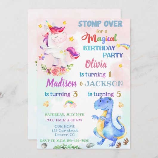 ユニコーンと恐竜の誕生日の招待状3 招待状 (正面/裏面)