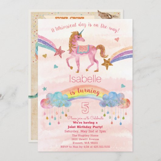 ユニコーンと恐竜の誕生日招待状 - 2つのお祝い 招待状 (正面/裏面)