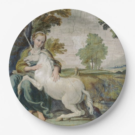 ユニコーンと若い女性(Domenicino) ペーパープレート (正面)