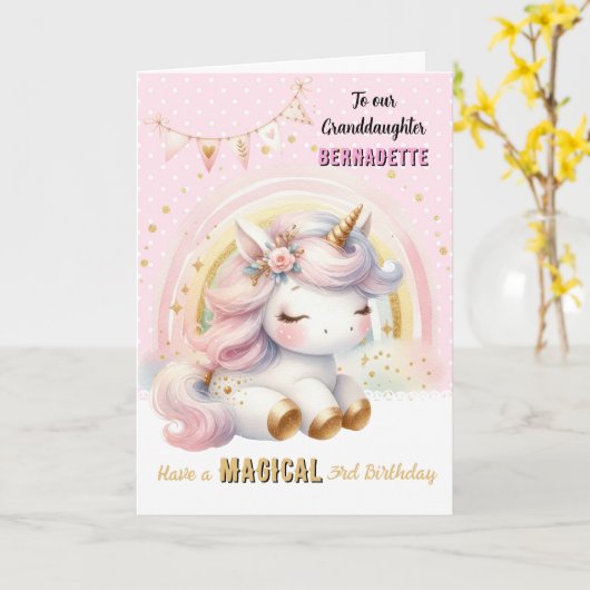 ユニコーンと虹のハッピーバースデーグリーティングカード カード (黄色い花)