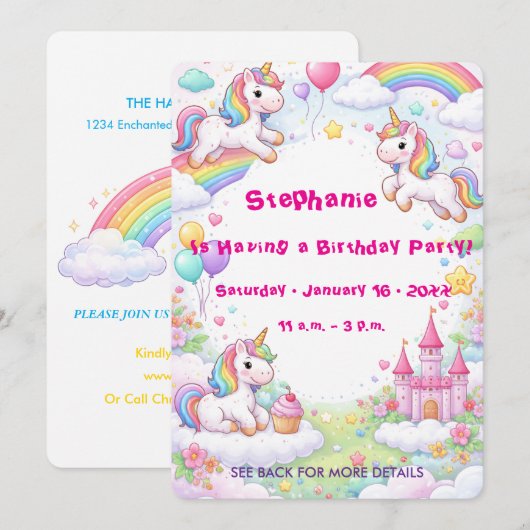 ユニコーンと虹のパステルカラーの子供の誕生日 招待状 (正面/裏面)
