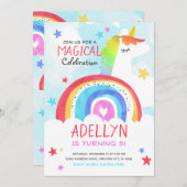 ユニコーンと虹の女の子の誕生日招待状 招待状 (正面/裏面)