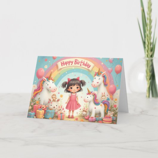 ユニコーンと虹の女の子の誕生日 カード (正面)
