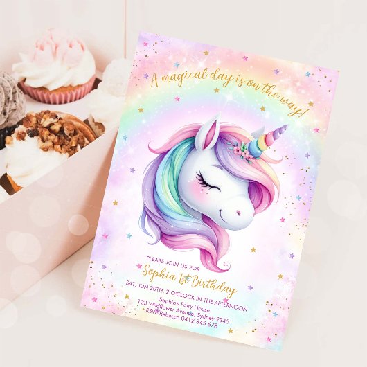 ユニコーンと虹の魔法の誕生日 招待状