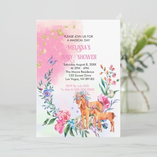 ユニコーンと蝶の赤ちゃんシャワーの招待状 招待状 (スタンド正面)