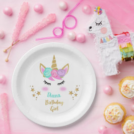 ユニコーンと誕生日パーティーガールプレート&名前 ペーパープレート