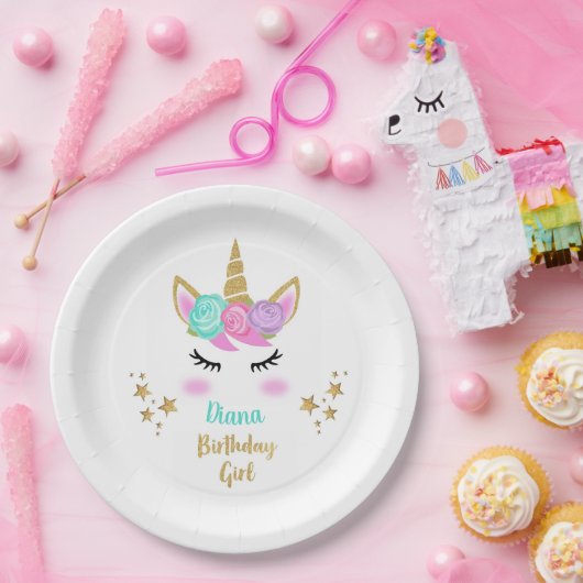 ユニコーンと誕生日パーティーガールプレート&名前 ペーパープレート (パーティー)