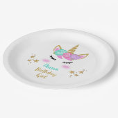 ユニコーンと誕生日パーティーガールプレート&名前 ペーパープレート (アングル)