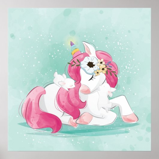 ユニコーンと赤ちゃんウサギのポスター ポスター (正面)