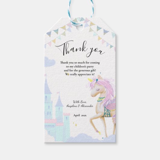 ユニコーンと赤ちゃんシャワーのためのギフトラベル。 ギフトタグ (正面)