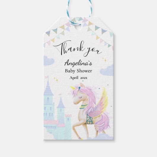 ユニコーンと赤ちゃんシャワーのためのギフトラベル。 ギフトタグ (正面)