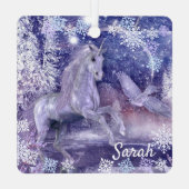ユニコーンと雪の名前を追加ラベンダー メタルオーナメント (裏面)