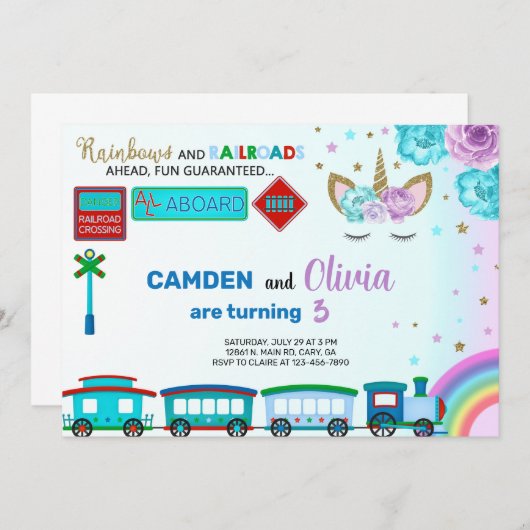 ユニコーンと電車の兄弟姉妹誕生日の招待。 招待状 (正面/裏面)
