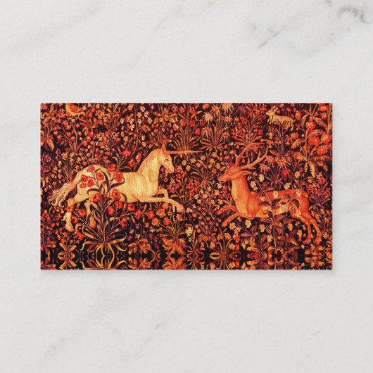 ユニコーンと鹿、森林動物の赤いフローラ羊皮紙 名刺 (裏面)
