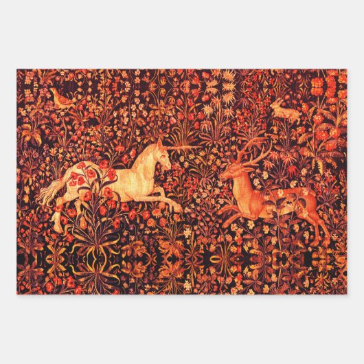 ユニコーンと鹿、花、森林動物のフローラ ラッピングペーパーシート (正面2)