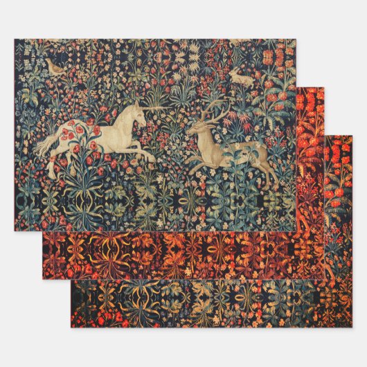 ユニコーンと鹿、花、森林動物のフローラ ラッピングペーパーシート (セット)