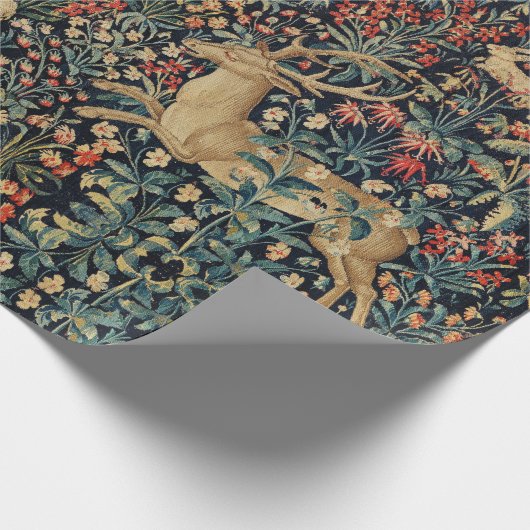 ユニコーンと鹿、花、森林動物のフローラ ラッピングペーパー (角)