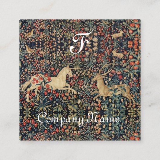 ユニコーンと鹿、花、森林動物の羊飼い スクエア名刺 (裏面)