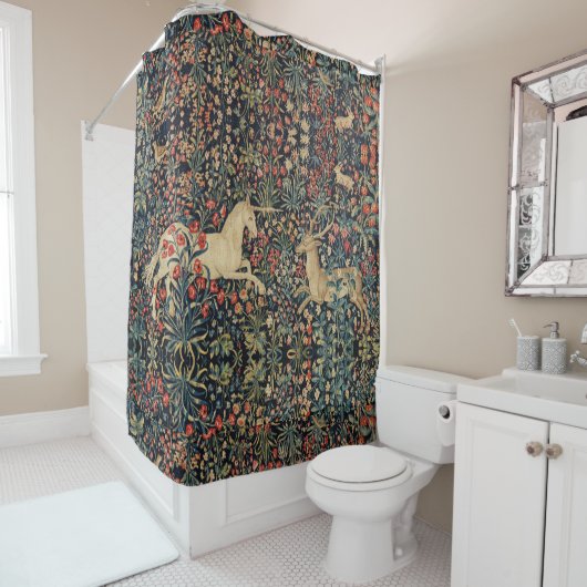 ユニコーンと鹿、花、森林動物フローラ シャワーカーテン (インサイチュ)