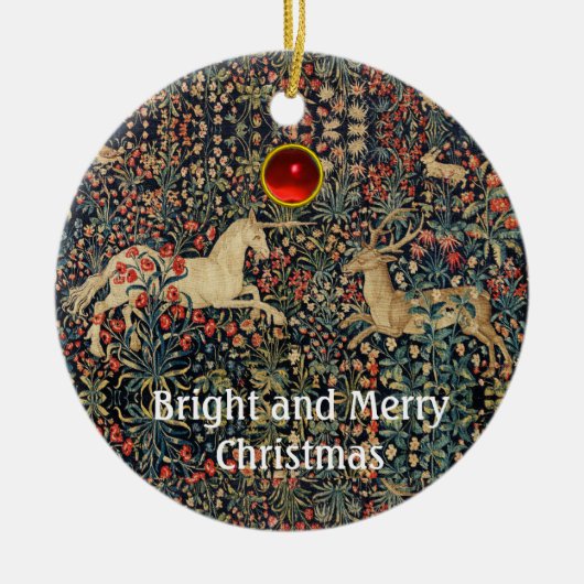 ユニコーンと鹿、花、森林動物フローラ セラミックオーナメント (正面)