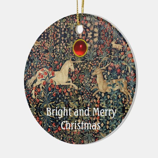 ユニコーンと鹿、花、森林動物フローラ セラミックオーナメント (左)