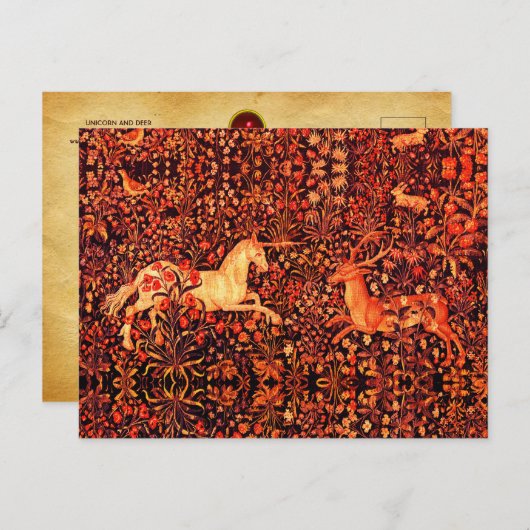 ユニコーンと鹿、花、森林動物レッドフローラ シーズンポストカード (正面/裏面)