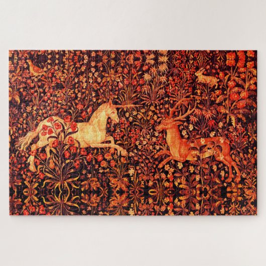 ユニコーンと鹿、花、森林動物レッドフローラ ジグソーパズル (横)