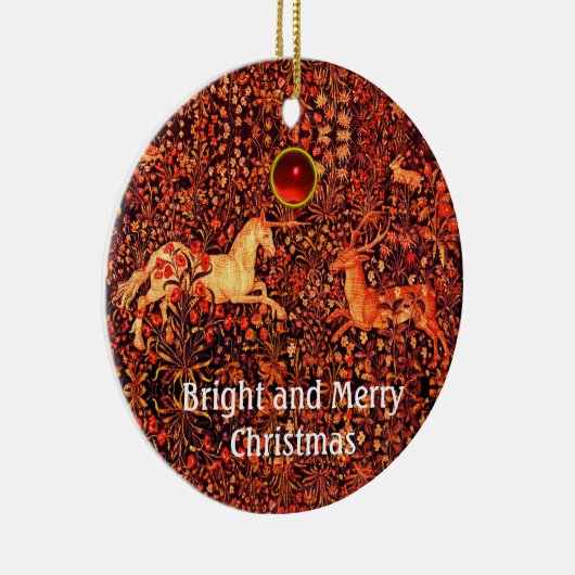ユニコーンと鹿、花、森林動物レッドフローラ セラミックオーナメント (右)