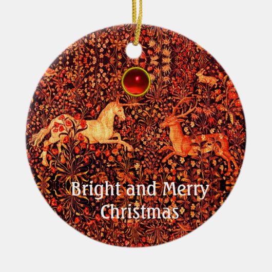 ユニコーンと鹿、花、森林動物レッドフローラ セラミックオーナメント (正面)