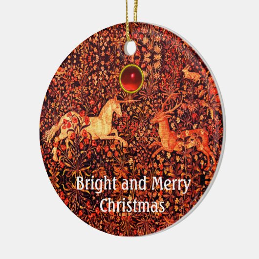 ユニコーンと鹿、花、森林動物レッドフローラ セラミックオーナメント (左)