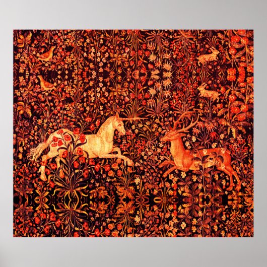 ユニコーンと鹿、花、森林動物レッドフローラ ポスター (正面)