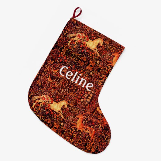 ユニコーンと鹿、花、森林動物レッドフローラ ラージクリスマスストッキング (正面 (吊り時))