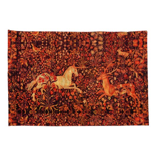 ユニコーンと鹿、花、森林動物レッドフローラ 枕カバー (裏面-右)