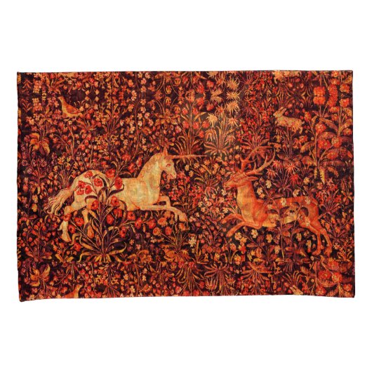 ユニコーンと鹿、花、森林動物レッドフローラ 枕カバー (正面右)