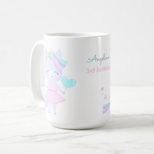 ユニコーンと3歳の誕生日おもしろいマグ。 コーヒーマグカップ (正面左)