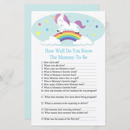 ユニコーンどのように良く赤ちゃんシャワーのゲームを知っている (正面/裏面)