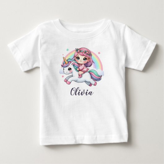 ユニコーンにまたがる可愛い女の子 ベビーTシャツ (正面)