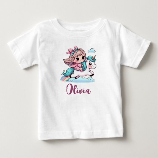 ユニコーンにまたがる可愛い女の子 ベビーTシャツ (正面)